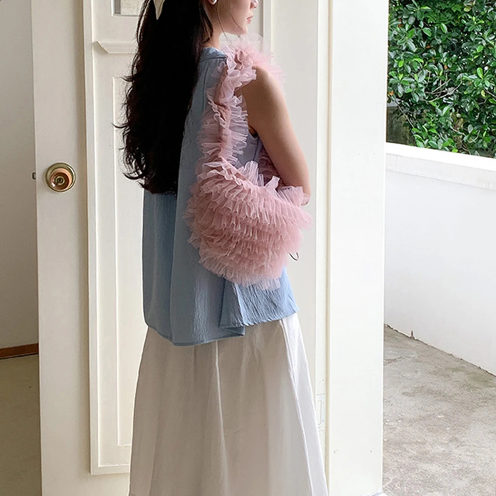 Women Lace Pleated Handbag Solid Color Chic Yarn Shoulder Bag Large Capacity Ruched Tote Female Daily 240820ZYl