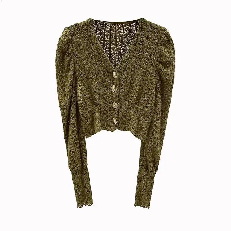 Womens Lace Knitted Autumn Winter Solid Color V-Neck Jacquard Weave Button Fashion Loose Long Sleeve Tops 240819