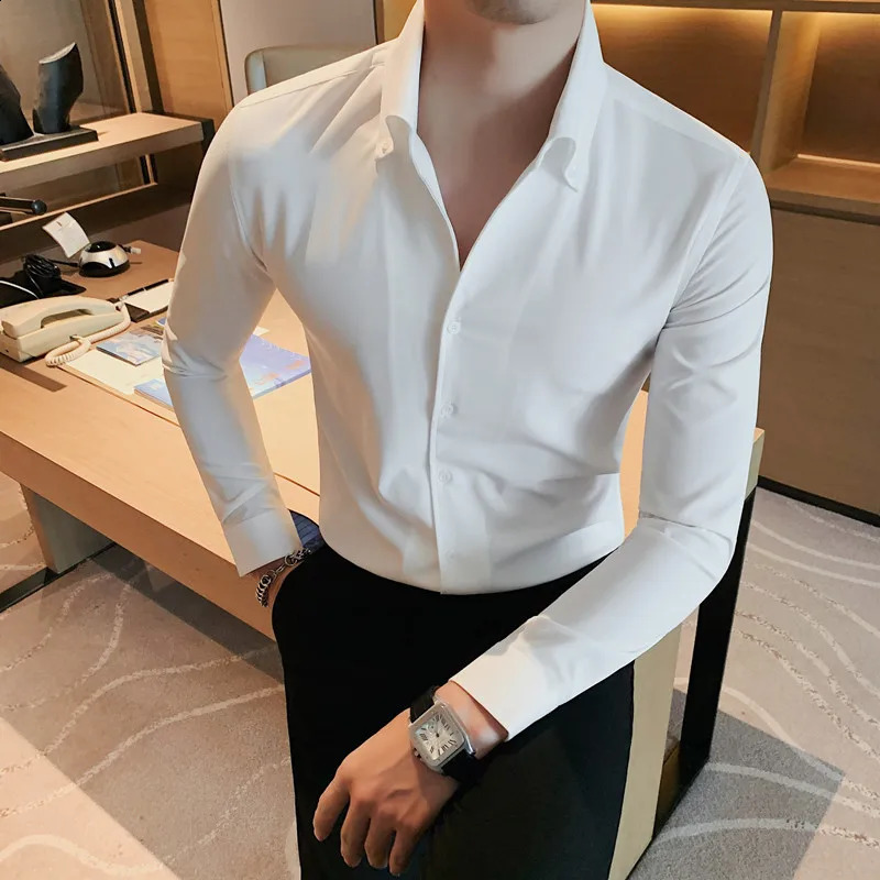 Men Dress Shirt Fashion Long Sleeve Business Social Shirt Male Solid Color Button Down Collar Work White Black Shirt 4XL 240820