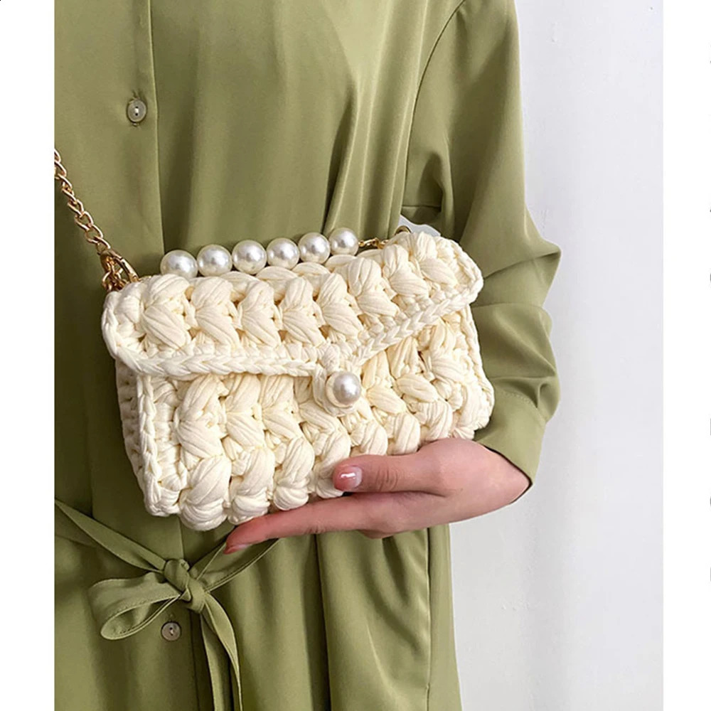 3 Handmade Rope Crochet Womens Shoulder er Knitting Crossbody Bags for Women Handbags Pearls Chains Sg Bag Tote 240819 4