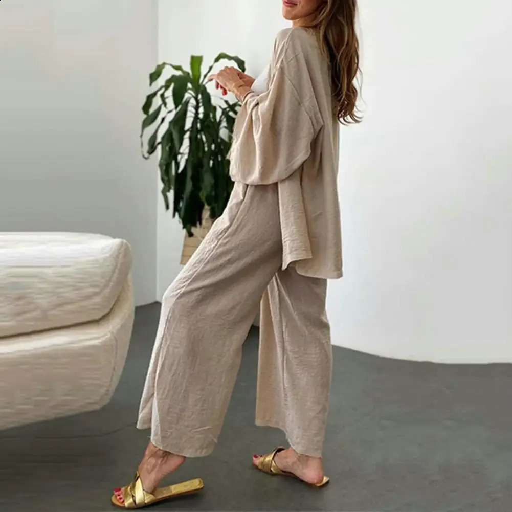 2 PcsSet Cardigan Pants Set Solid Color Loose Wide Leg Elastic Waist Deep Crotch Long Sleeve Pockets Soft Breathable Lady Coat 240819