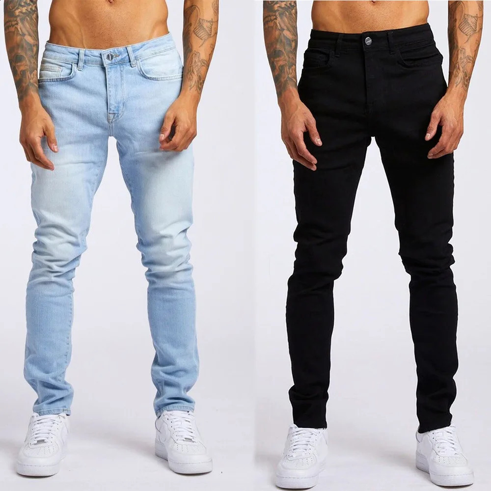 Black Street Fashion Mens Jeans High Quality Retro Blue Elastic Slim Fit Open Back ner Denim Pants Hombre 240819