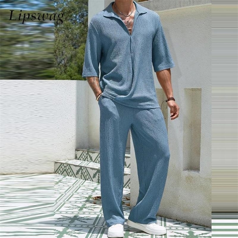 2024 Spring Summer Casual Cotton Shirts And Pants Suits Men Vintage Half Sleeve Irregular Cardigan Two Piece Sets Mens Outfits 240819