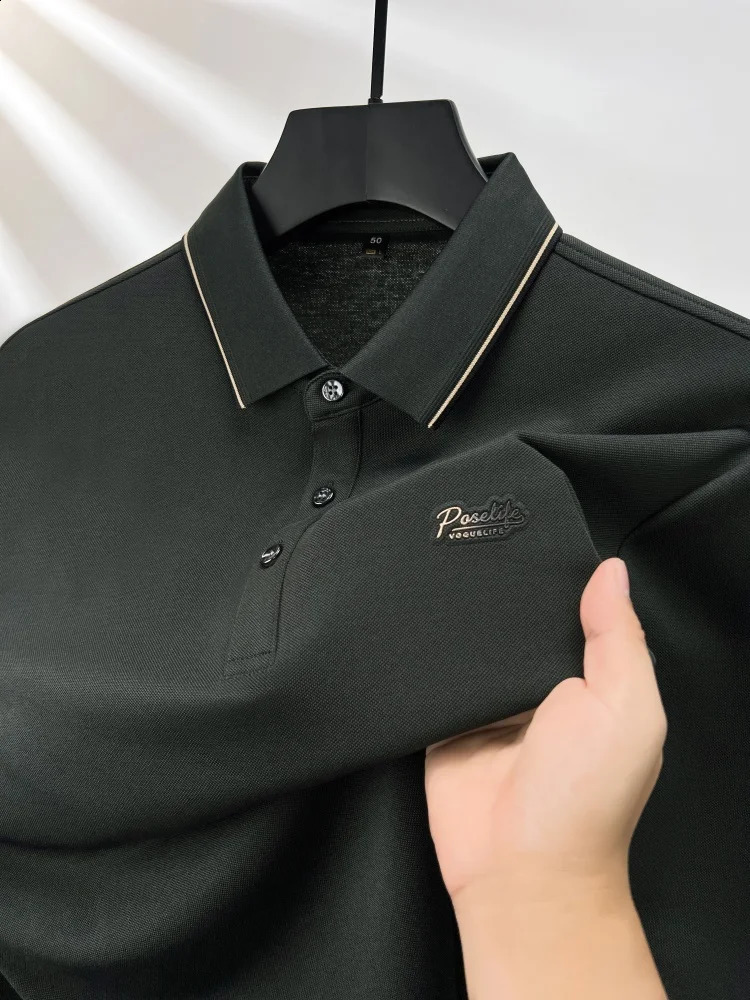High end Men Ice Silk Without Trace POLO shirt Autumn Fashion Letter Print Long Sleeve T-shirt Business Leisure Men Wear 240820