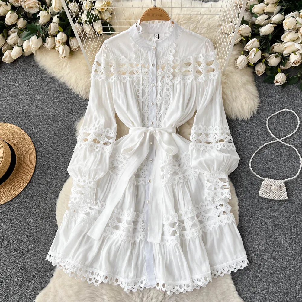 Vintage Folds Lace Hollow Out Lantern Sleeves Long Sleeves Single Breasted Dress Casual Women A-line Fashion Autumn Dress