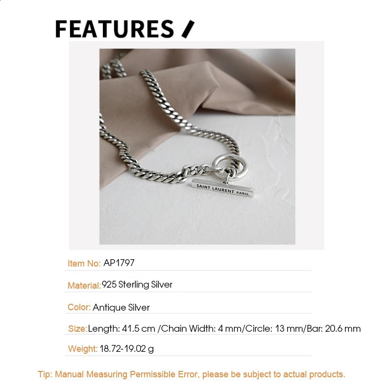 F INS Retro S925 Pure Silver Necklace Round and Rod Pendant Antique Chain OT Bar Exquisite Jewelry 240812