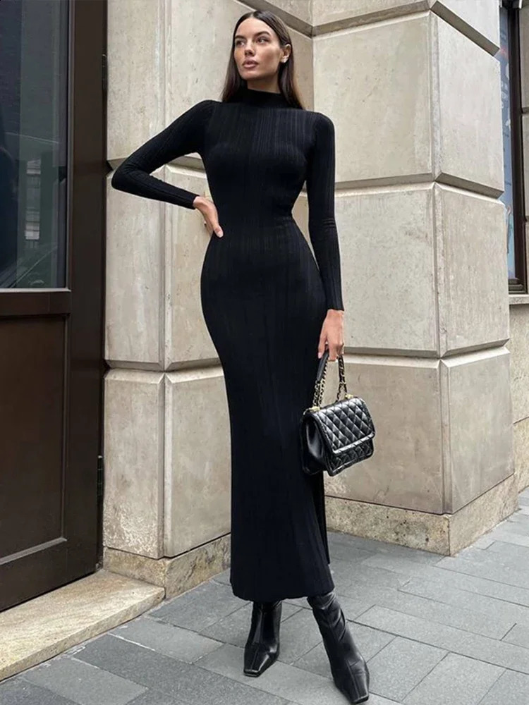 Turtleneck Knitted Women Dresses Sexy Solid High Waist Hip Package Lady Dress Elegant Long Sleeve Slim Female Vestidos 240819