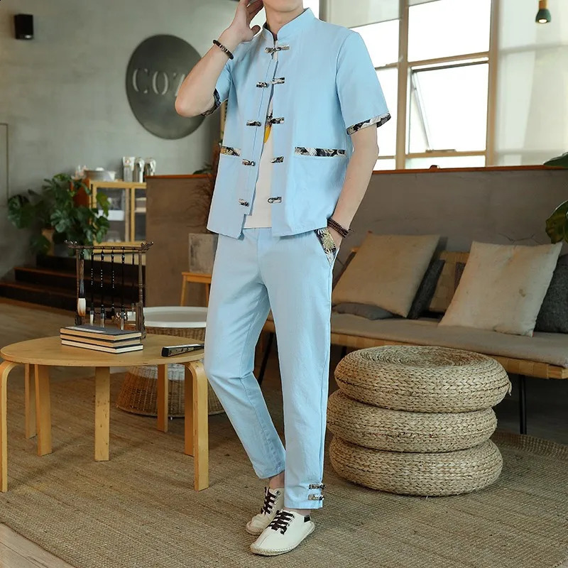 ShirtsPants summer chinese style elastic waist Cardigan Mens set Casual Sets Male Fashion trousers and shirt men size M-5XL 240819