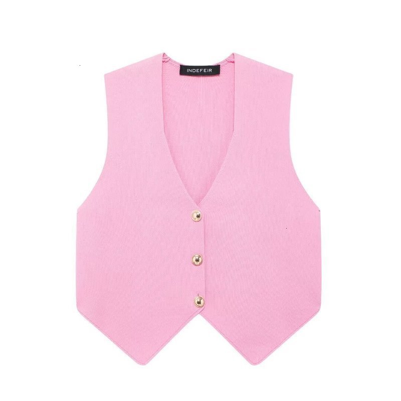 Womens pink knitted vest sleeveless top Vneck single chest three gold buttons summer trend w240819