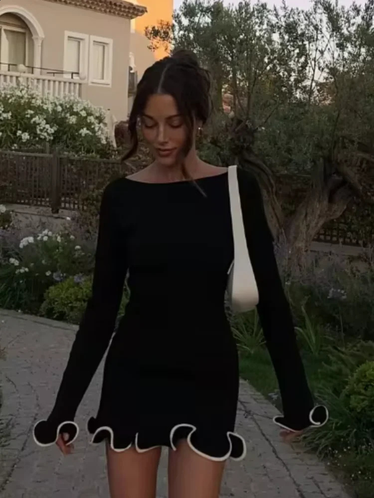 Elegant Knitted Black Mini Dress Womens Autumn Long Sleeve Ruffle Fashion Party Short Sweater 240819