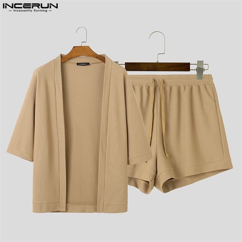 Men Sets Solid Color Streetwear Summer Half Sleeve Cardigan Drawstring Shorts Two Pieces Sets Mens Casual Suits INCERUN 240819