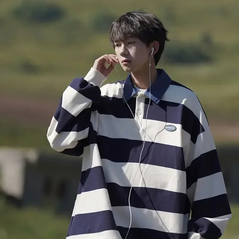 Tops Sweatshirts Japan T Polo Shirts for Men Stripe Male Clothes Baggy Xl Polyester Sale Tee Fashion Trends Social Harajuku 240820