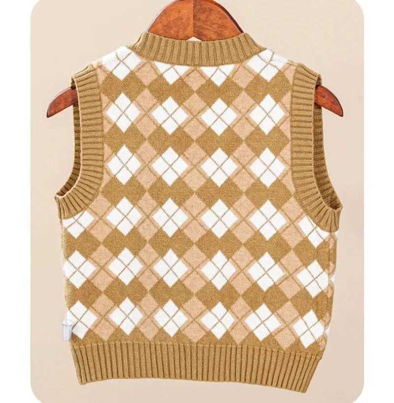 Kids Boys Girls Knitted Vest 2024 New Fashion British College Style Vest Diamond Printed Sweaters Sleeveless Outwear Cotton TopsXJ240819