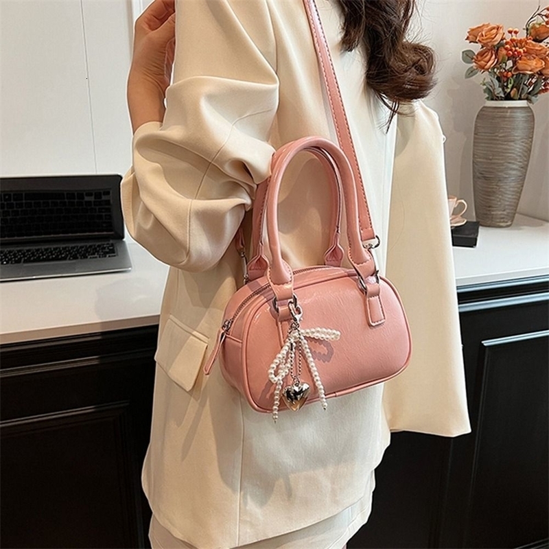 Ins PU Leather Bowling Bag Shoulder Solid Color Silver Handbag Purse Crossbody Boston Outdoor 240819