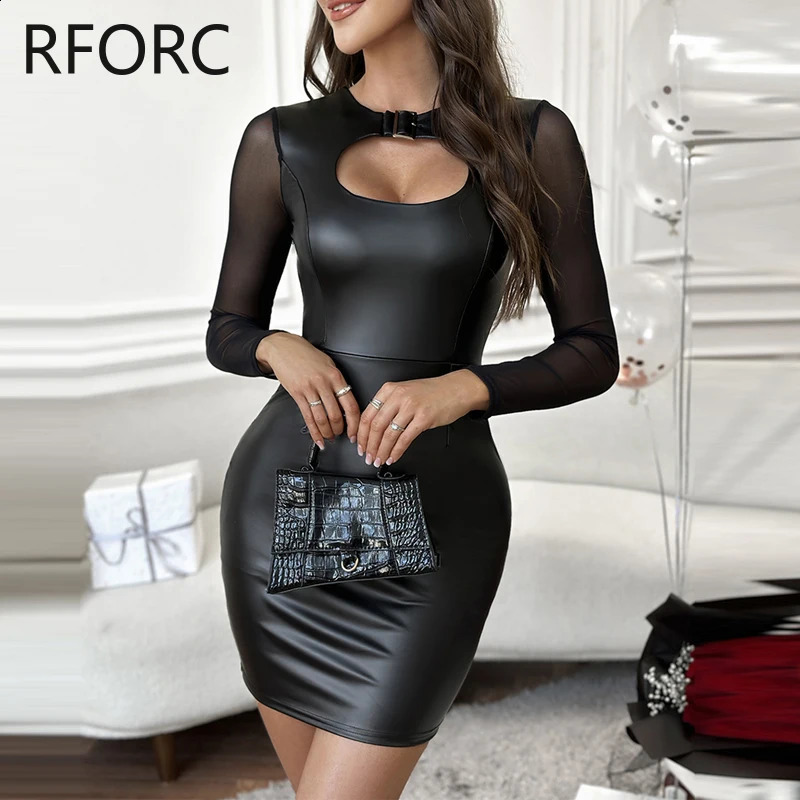 Women Hollow Out Mesh Patchwork Pu Leather Dress for Lady Long Sleeves Mini Sexy Black Dress 240819