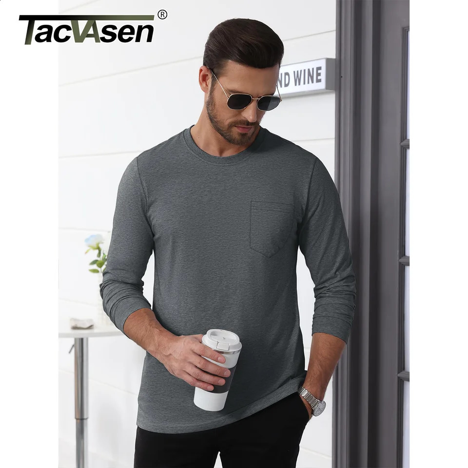 TACVASEN Long Sleeve Cotton T-shirts Mens Chest Pocket Casual T-shirt Moisture Wicking Crew Neck Basic Tee Tops Male Pullover 240820