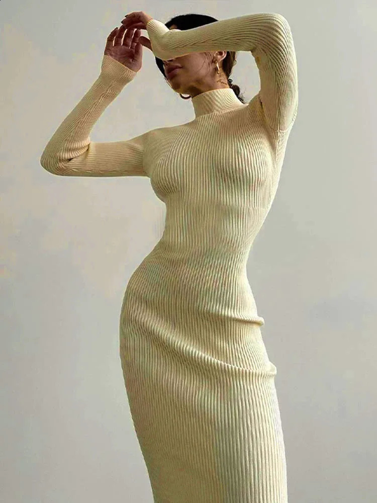 Autumn Winter Women Turtleneck Knitted Dresses Elegant Solid Bodycon Long Sleeve Sweater Dress Spring Office Lady Sexy Dresses 240819