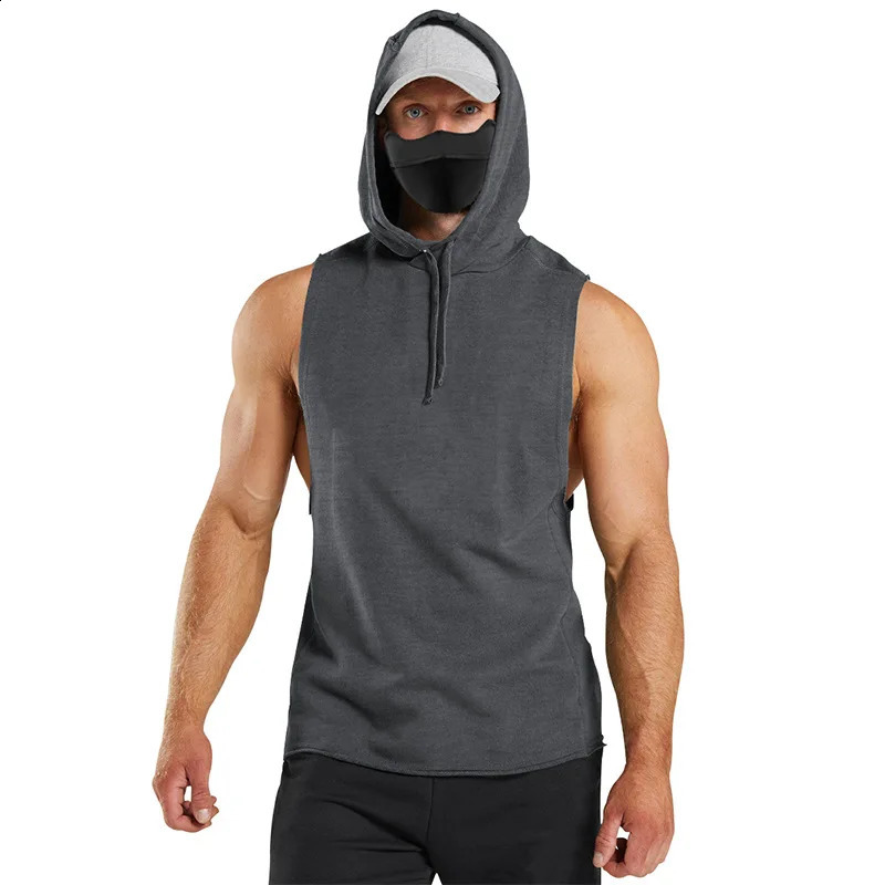 Tank Top Mens Solid Color Hooded Vest Sports Sleeveless shirt Quick dry Undershirt Gyms Running Fitness Training Clothing 240819