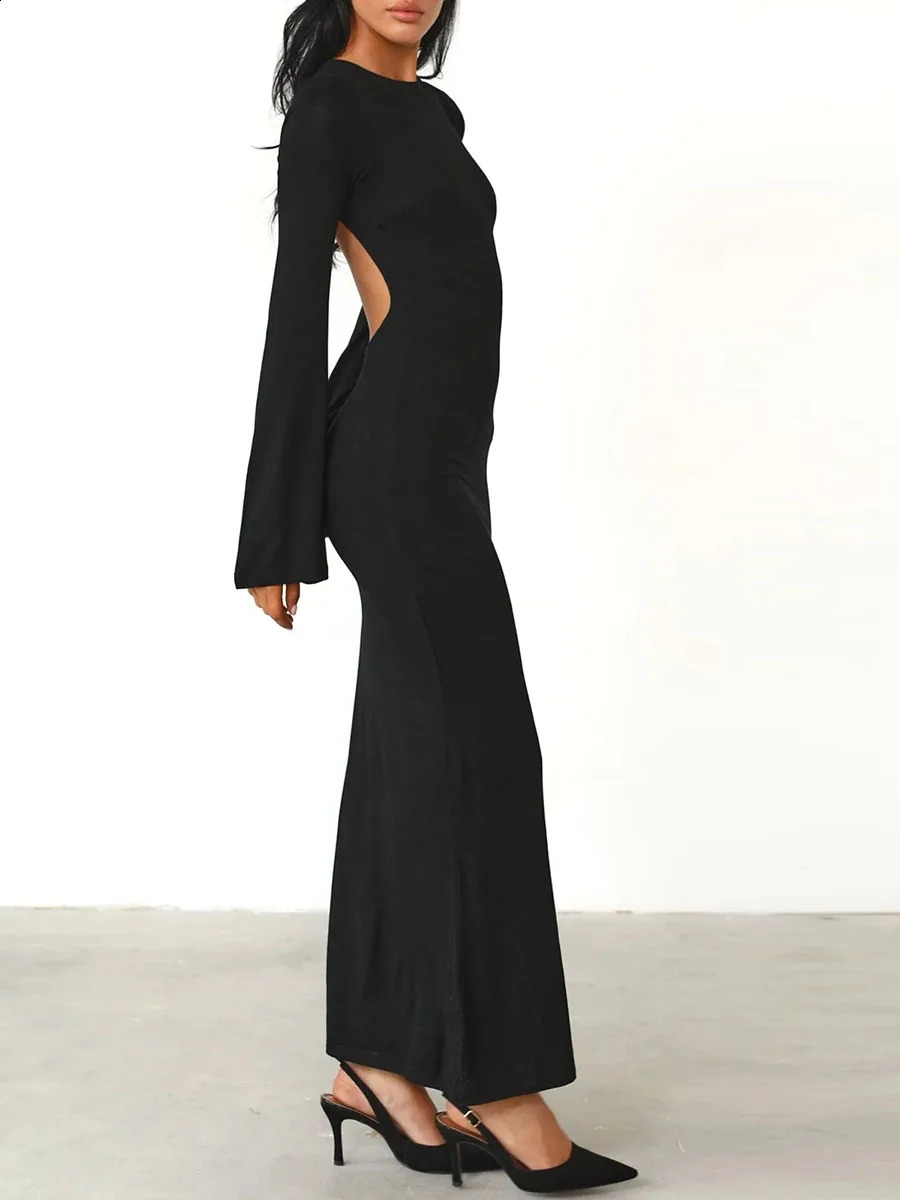 Women Backless Elegant Sexy Chic Long Dress Solid Color Black Long Sleeve Fashion Tie Back Boat Neck Slim Dress 240819