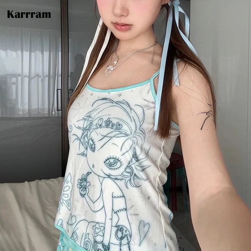 Karrram Y2k Aesthetics Cami Top Fairycore Anime Print Camisole 2000s Kawaii Crop Top Japanese Harajuku Tank Tops Grunge E-girls 240819