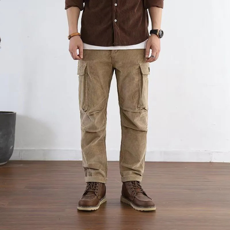 AutumnWinter Fashion American Vintage Corduroy Straight Barrel Multi Pocket Loose Versatile Handsome Mens Casual Pants 240819