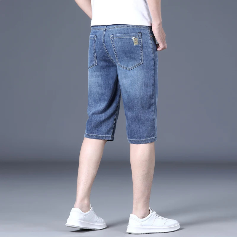 Summer thin stretch fabric denim mens straight leg loose blue embroidered knee jeans 240819