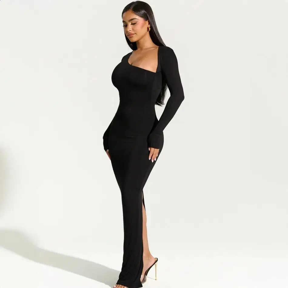 Sexy Black Evening Party Dress Women Elegant Fall Winter Outfits Asymmetrical Long Sleeve Slit Maxi Dresses 809 240819