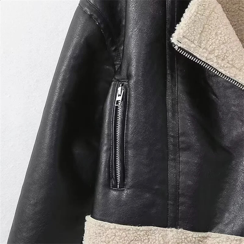RZRA Womens Autumn and Winter Lapel Fashion Versatile Zipper Pocket Polar Fleece Double-sided Leather Short Jacket 240819