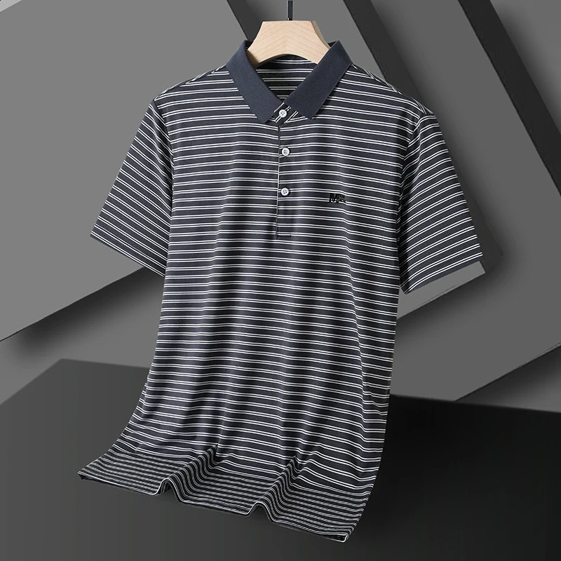 Summer Fashion Striped Polo Shirt for Mens Printed Short sleeved High end Silk Cotton Breathable Business Casual lapel T-shirt 240820