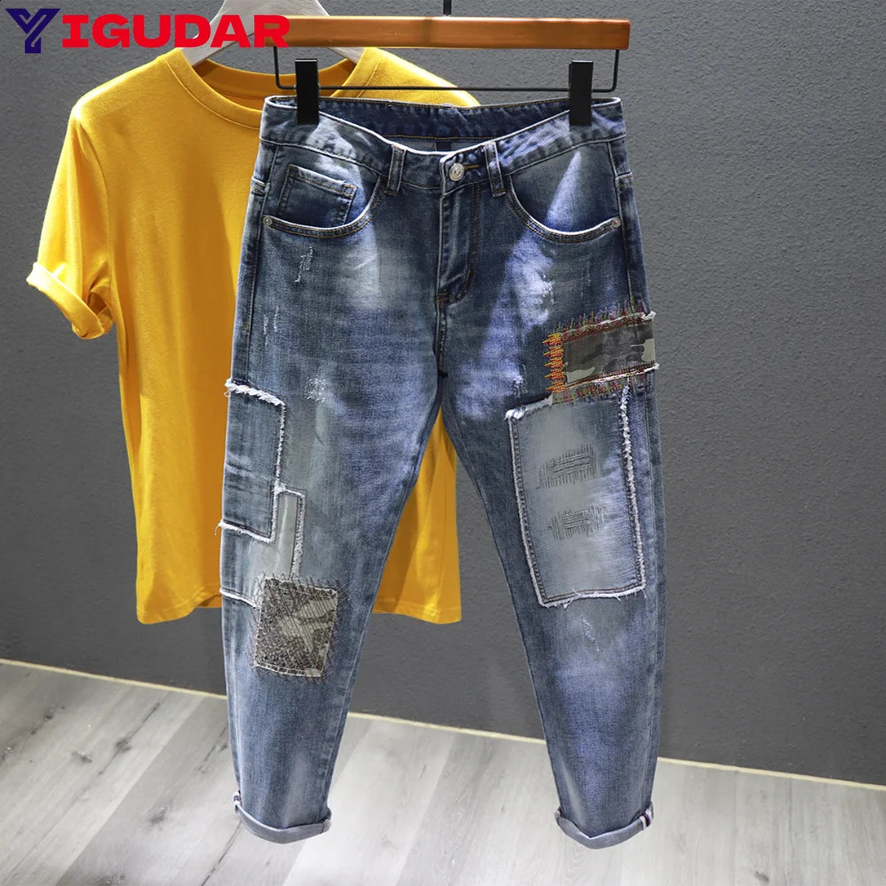 Autumn fashion handsome personality retro patchwork jeans mens old patch holes Ripped jeans pants cargo pantalones hombre 240819