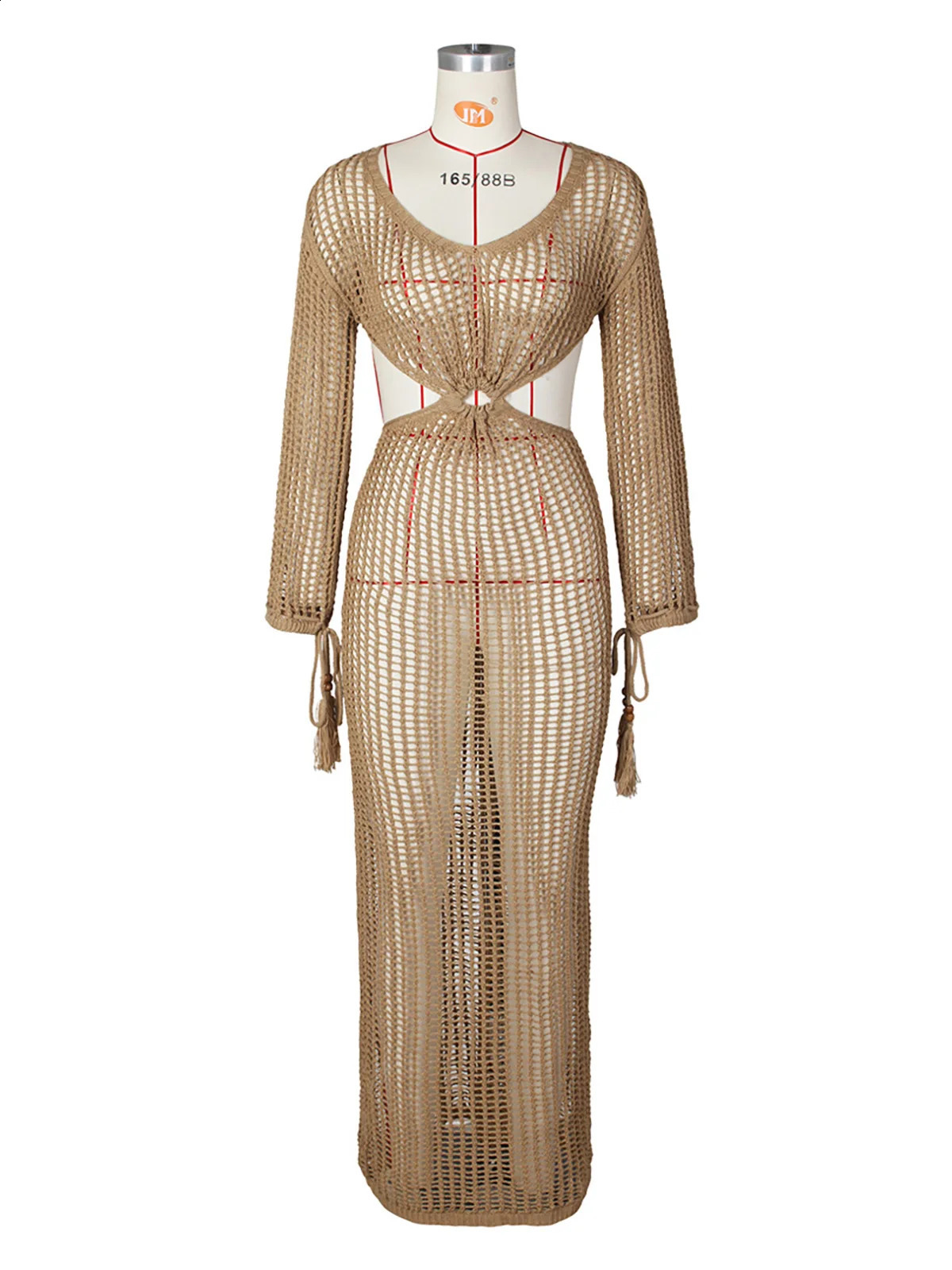 S - XL Sexy Crochet Knited Hollow Out Bodycon Long Dress Long Sleeves Fringe Tunic Cover-Ups Beach Dress Maxi Dress DV5322 240819