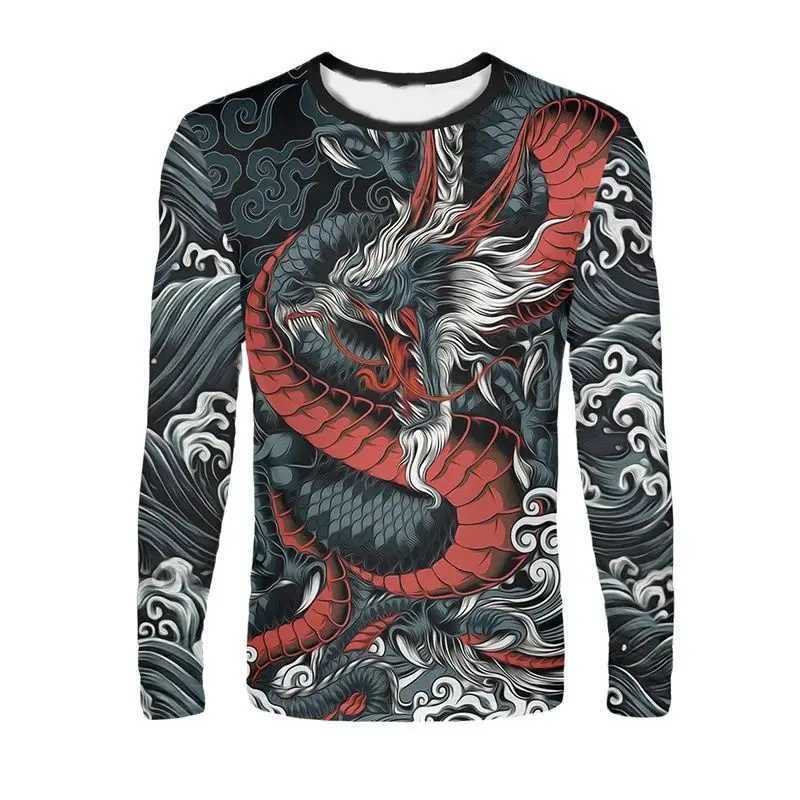 Men Long Sleeved Chinese Dragon Round Neck Cartoon 3D Harajuku Printed Fashionable And Personalized Oversized Loose T-shirt TopXJ240819