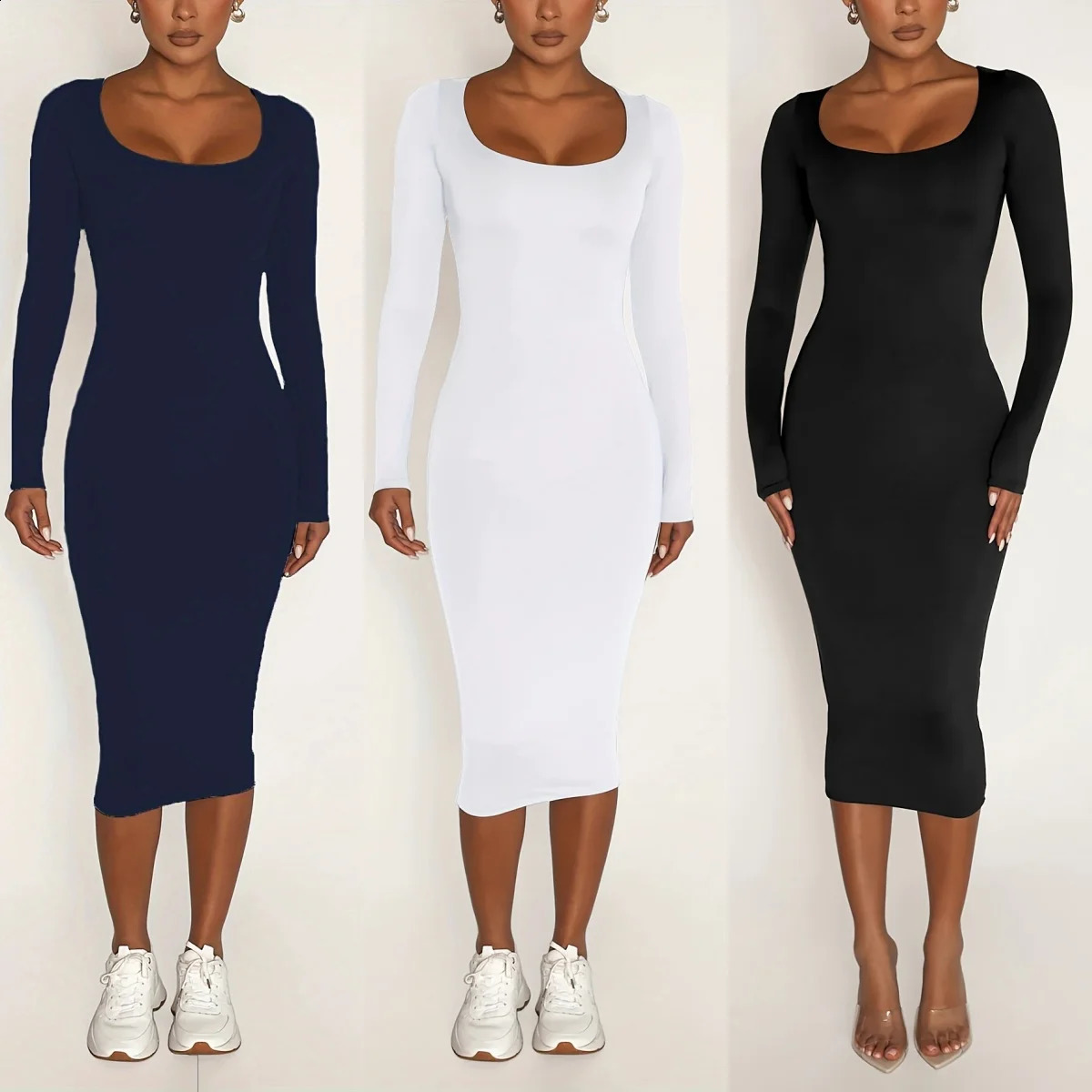Womens Long Sleeve U-Neck Party Bodycon Midi Jumper Dress Stretch Winter Dresses 240819
