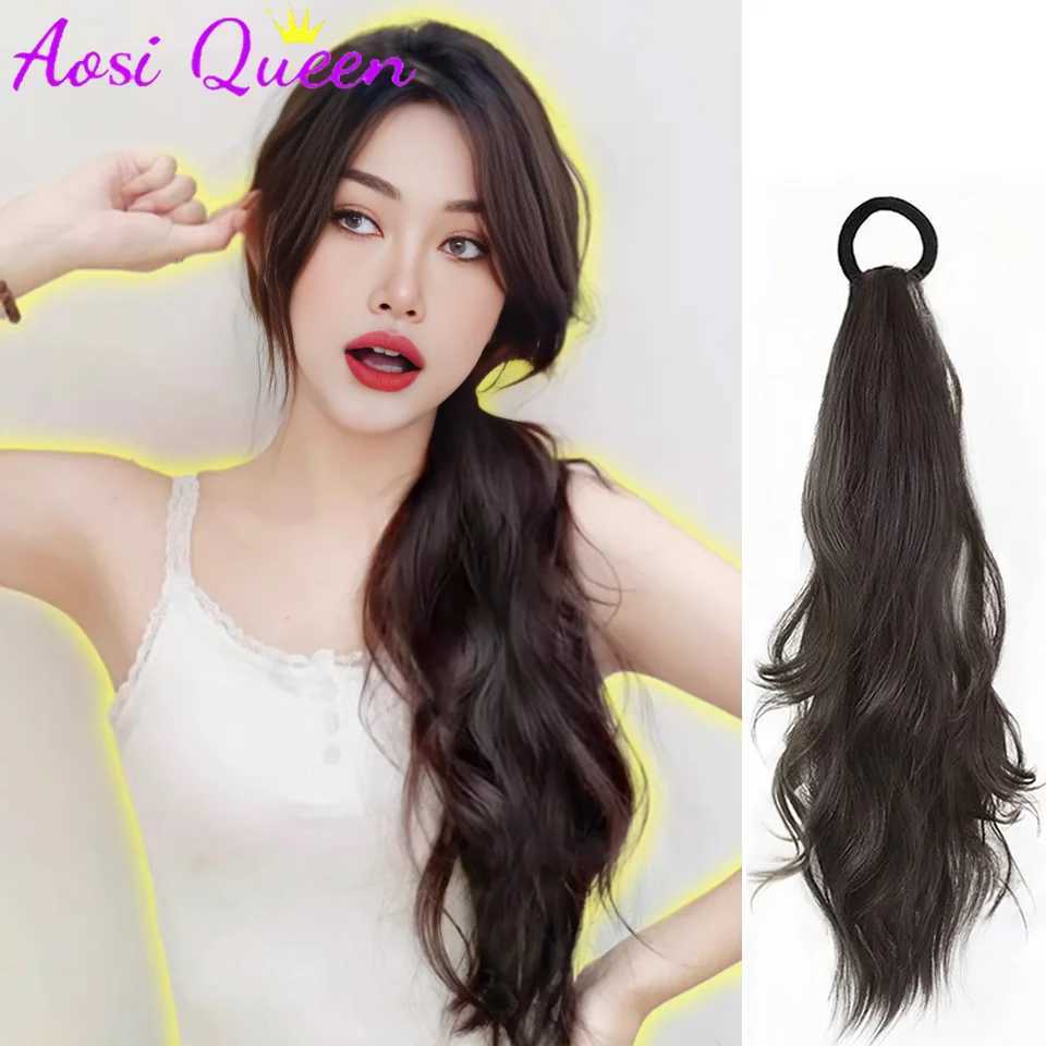 AOSI synthetic wig ponytail womens long hair sweet cool elastic band with low tie naturally light curly ponytail W240817