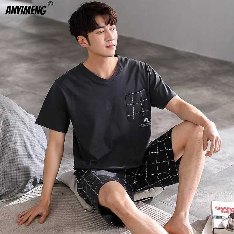 Dropshipping Pajama Set Mens Cotton Pajama Large Size 3xl 4xl Pajama Para Hombre Summer Cotton Short PajamaW240719