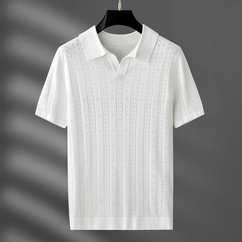 high-end V-neck hollow breathable knitted T-shirt mens summer trend jacquard French style casual short sleeve POLO shirt 240820
