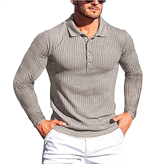 Mens Running Sports Long Sleeve POLO Shirt Slim Knit Bottoming Shirt 240820