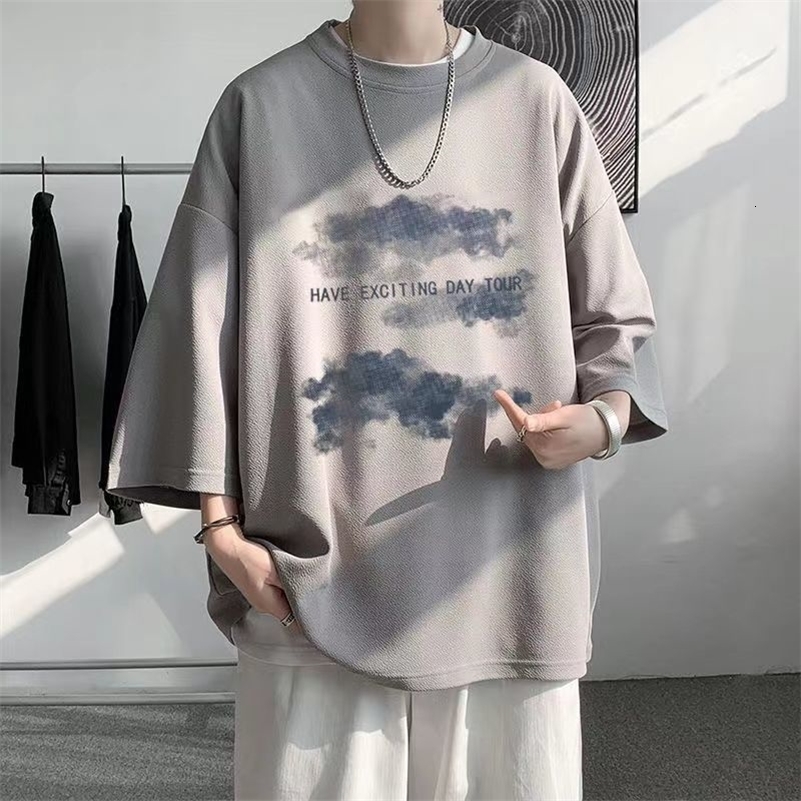 Summer Y2K High Street 34 Sleeve T-Shirts Man Round Neck Printing Oversize Tops Loose Personality Hip Hop Streetwear 240819