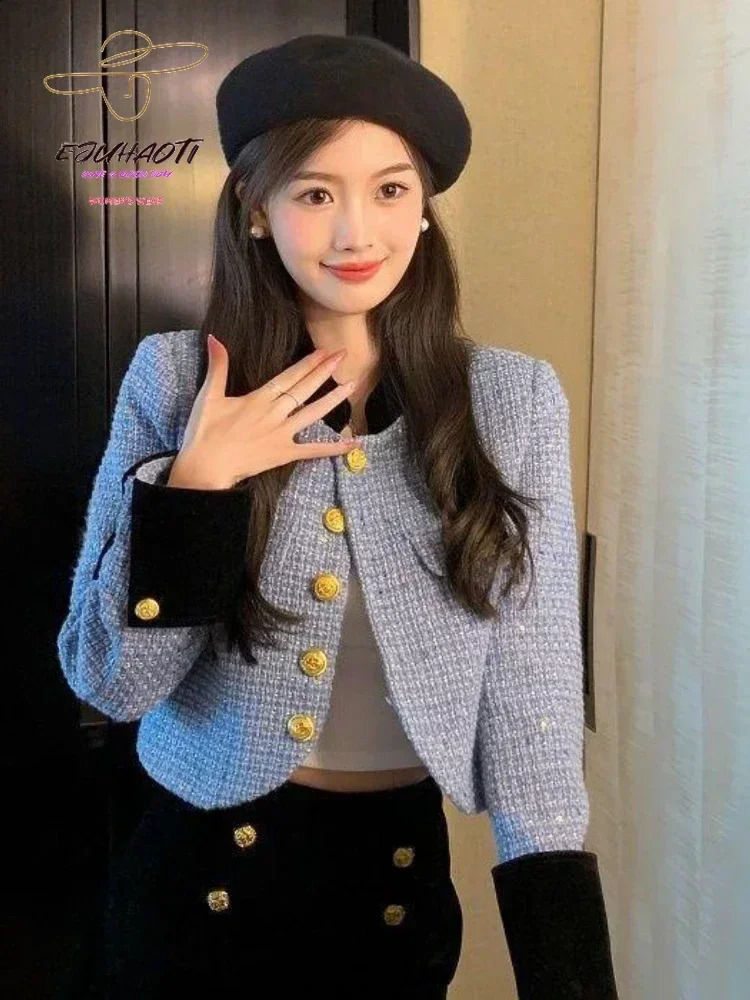 Womens jacket short contrast color joint tweet stand collar small perfume blouse womens clothing Korean fashion 240819