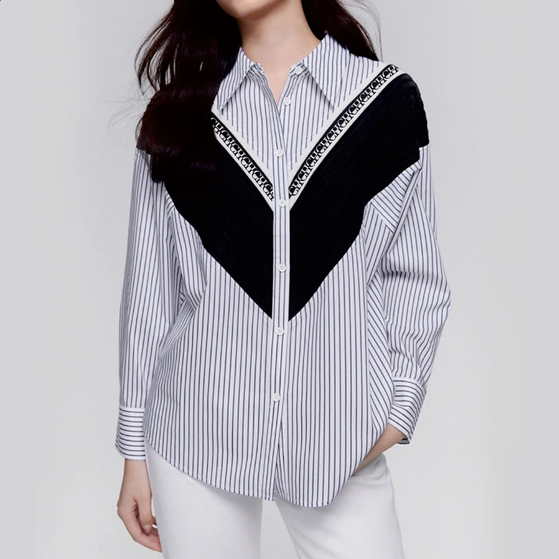 Womens Shirt A high-end and elegant Commuting Office womens shirt with patchwork stripes loose and casual womens fashionable shirt 240820 ww