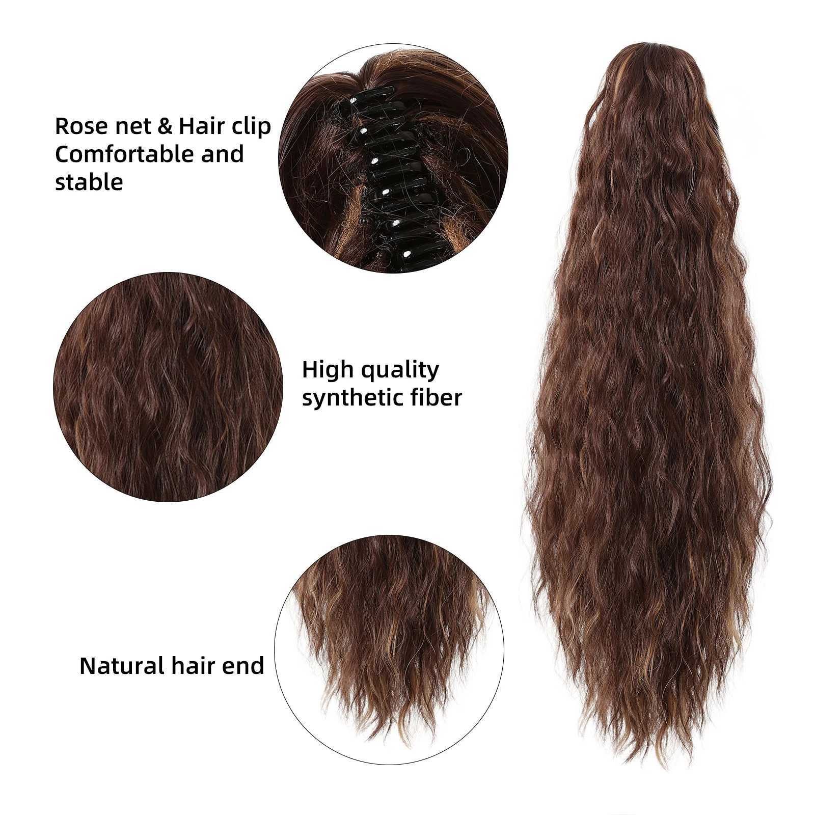 Long curly synthetic ponytail clip dark brown high gloss blonde hair extension 24 inch ponytail wig for womens daily use W240817