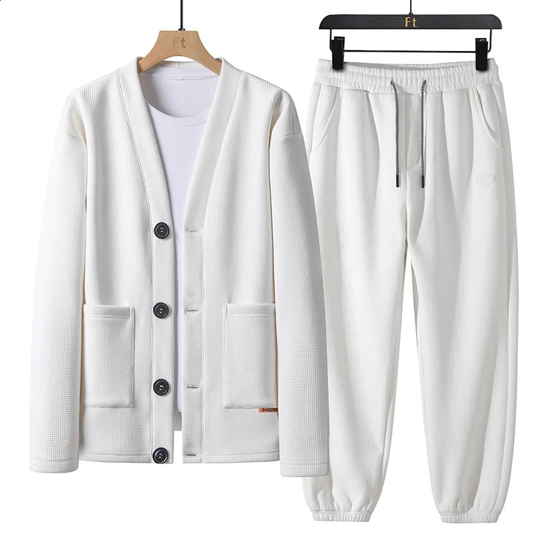 2024 Spring and Autumn Mens Cardigan V-neck Set a two-piece set of cardigan top and casual pants 240819