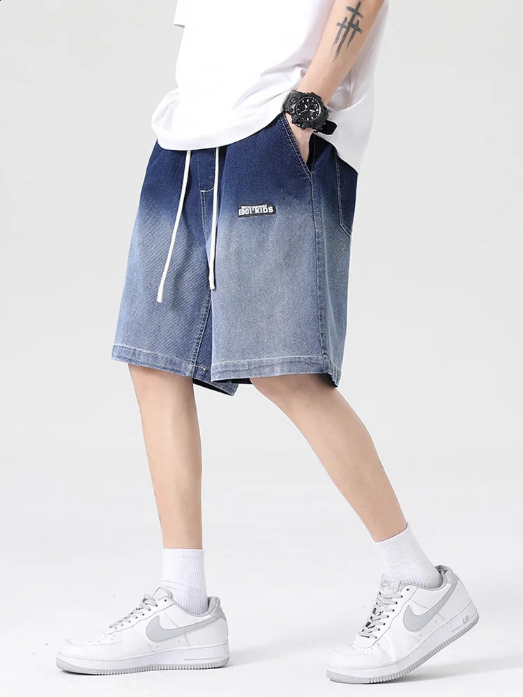 Gradient Summer Denim Shorts Mens Cotton Casual Breeze Drawstring Pocket Jeans Plus Size 8XL 240819