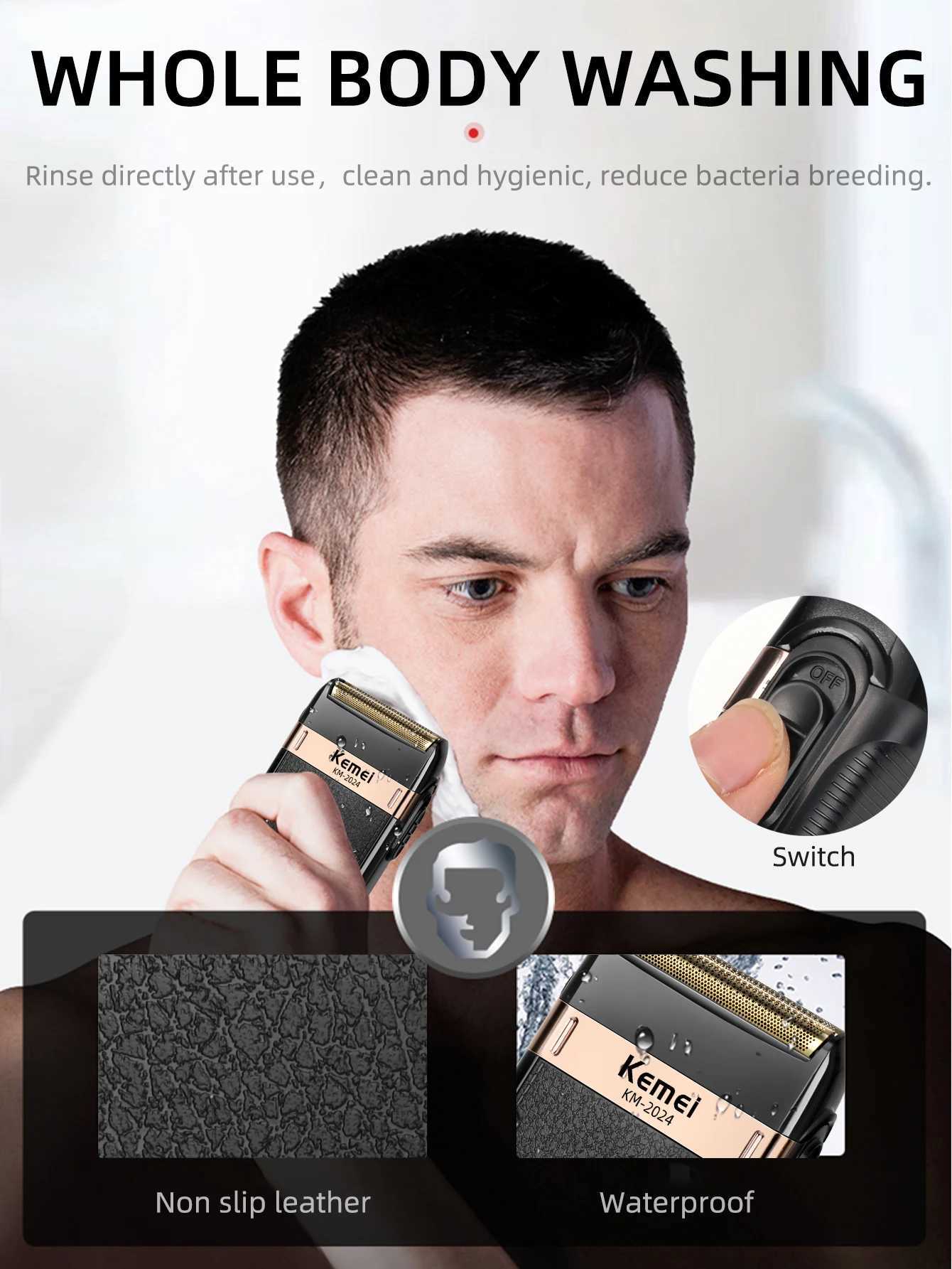 Kemei Mens Electric Shaver Waterproof Double Blade Reciprocating Cordless Shaver USB Charging Shaver W240819