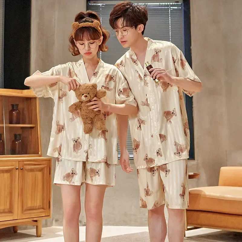 Mens silk sleepwear home V-neck set sleepwear adult sleepwear loose set sleepwear Korean womens couple cat animeW240719