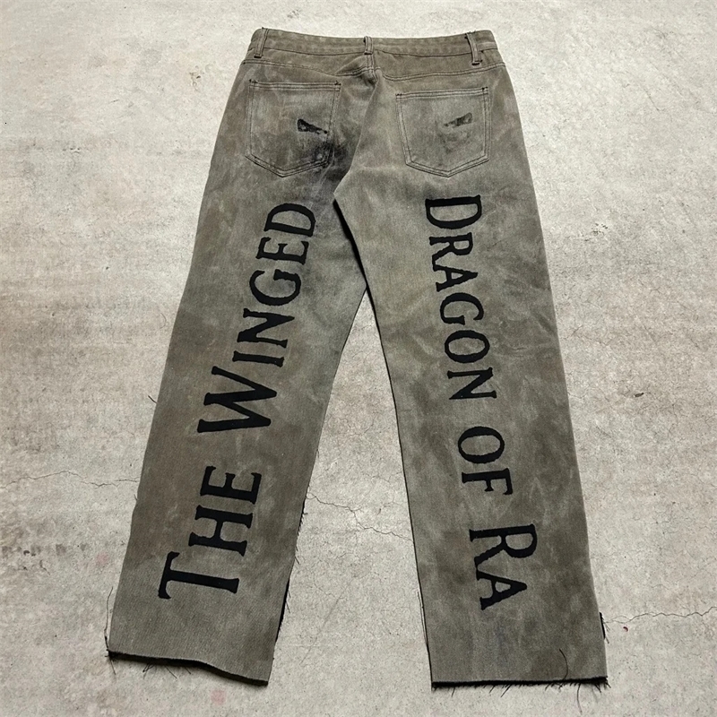 Harajuku Y2K bagged jeans blue eyes white dragon print wide leg anime street mens clothing 240830