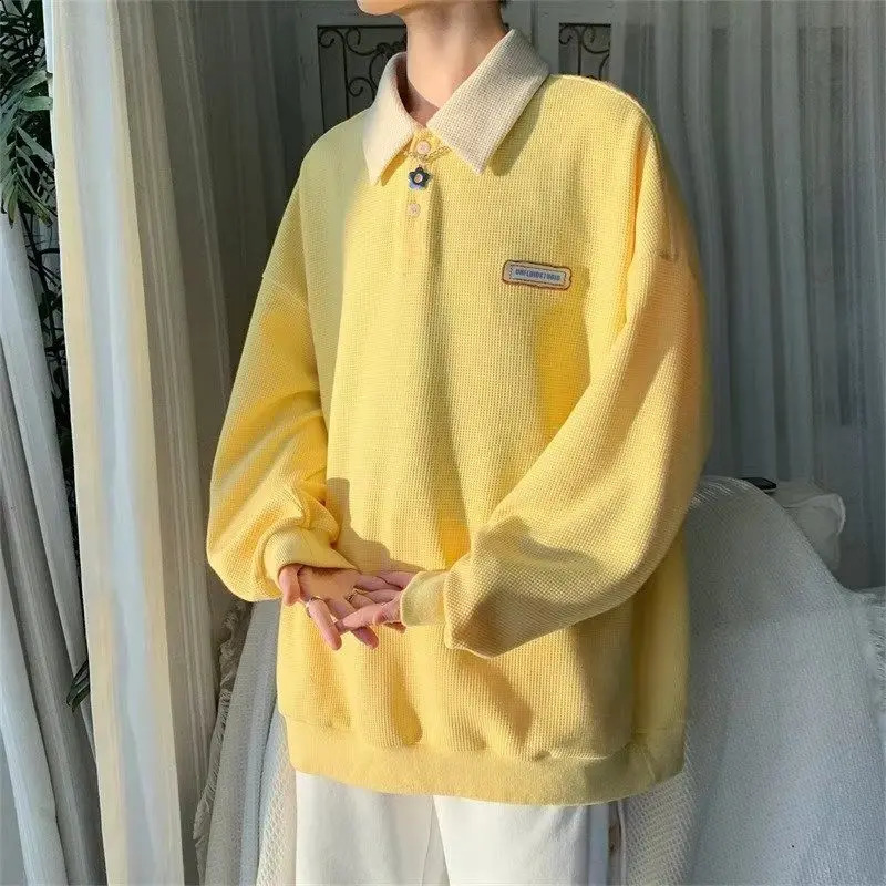 2024 Solid Polo Long Sleeve Vintage Men T Shirts Fashion Casual Oversized Korean Harajuku Tops Spring Fall Thin Clothes 240819