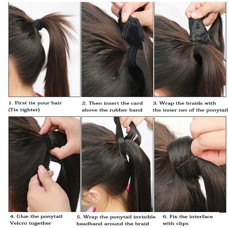 Synthetic ponytail with hair extensions clipped onto a fake wig with blonde hair wrapped around the braid a long and smooth ponytail W240817