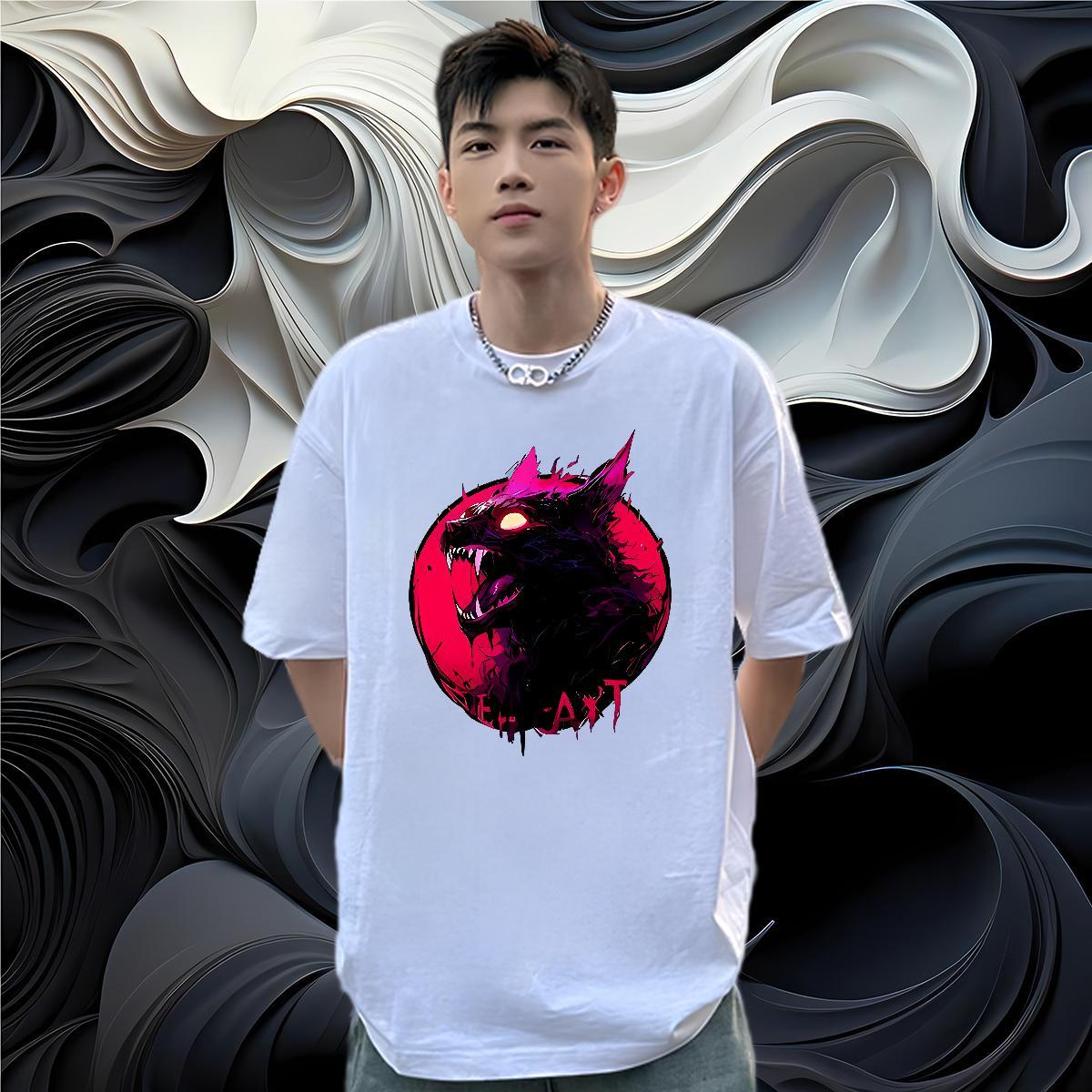 Fashion Casual Men Clothes T-Shirt wolf Outdoor 230g 100% Cotton Tee Shirt Breathable Soft Loose Fit Man T Shirts Anime Print
