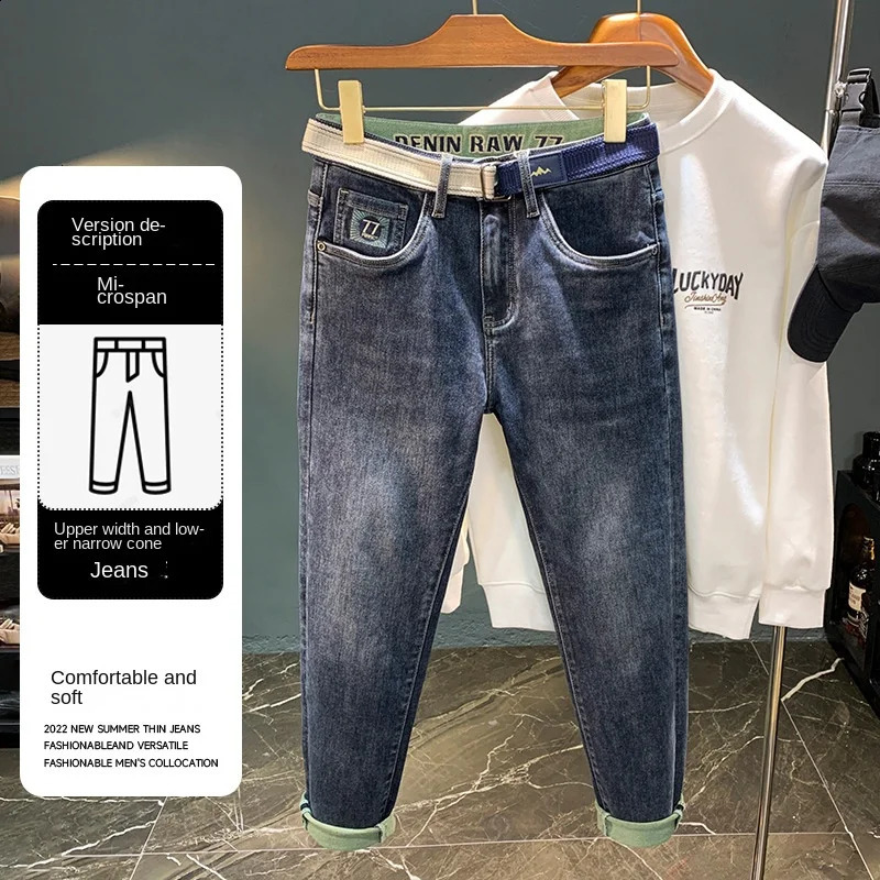 Mens Jeans Fashionable Trendy High-End Embroidery Stretch Slim-Fitting Ankle-Tied Washed Handsome Pencil Pants Trousers 240819